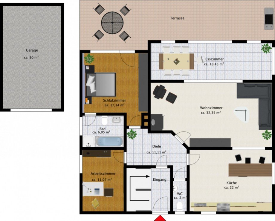 Grundriss EG mit M�beln Einfamilienhaus Nast�tten-Hunzel